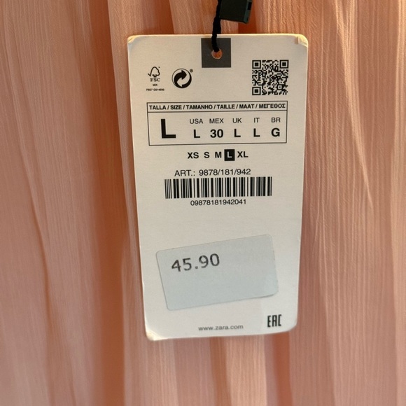 NWT Zara Pleated Ruffle Blouse Pale Pink Size Large Long Sleeves Bow Tie on Neck - Picture 6 of 15